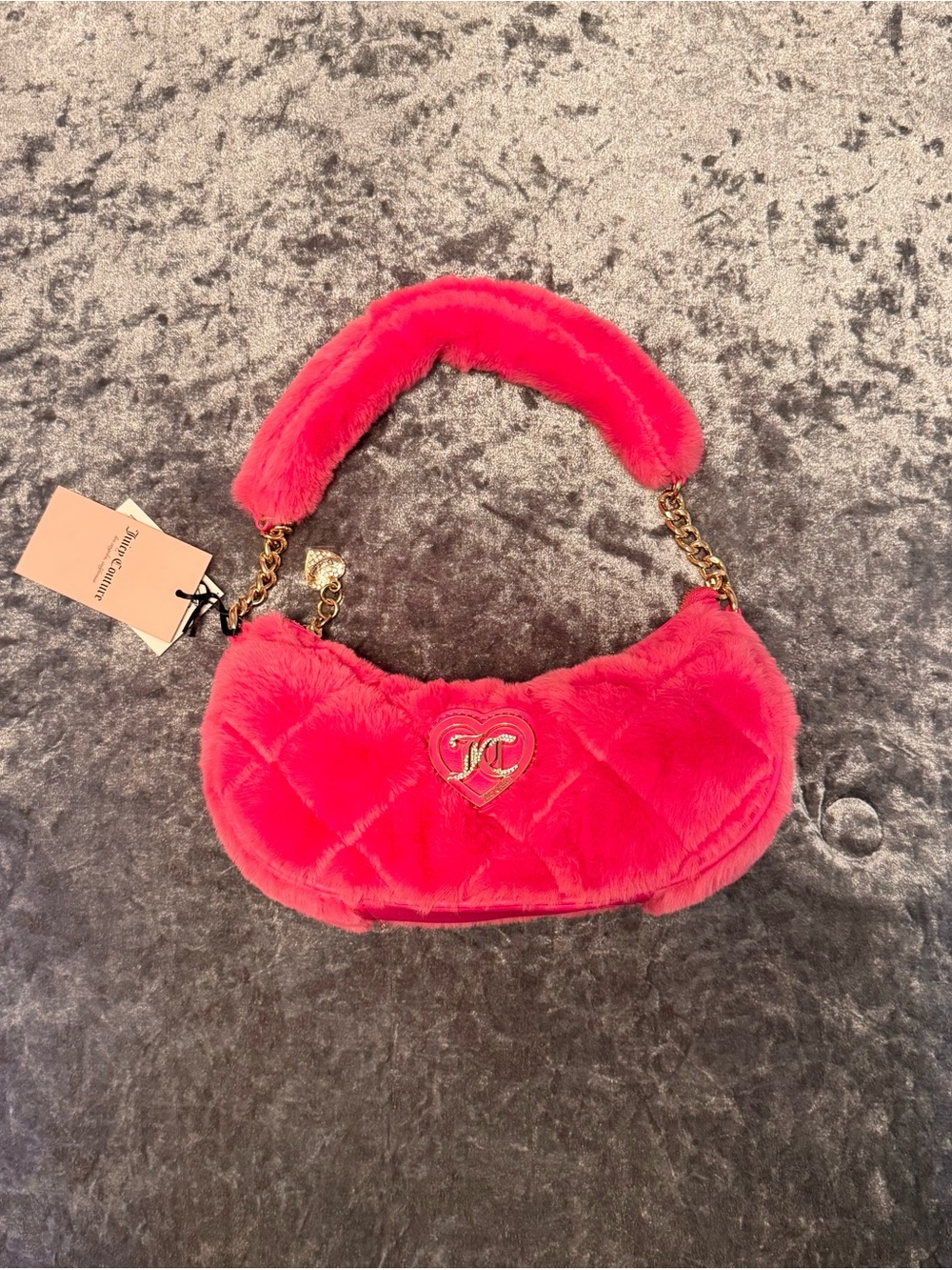 Juicy Couture Hot Pink Faux Fur Shoulder Bag with Gold Chain